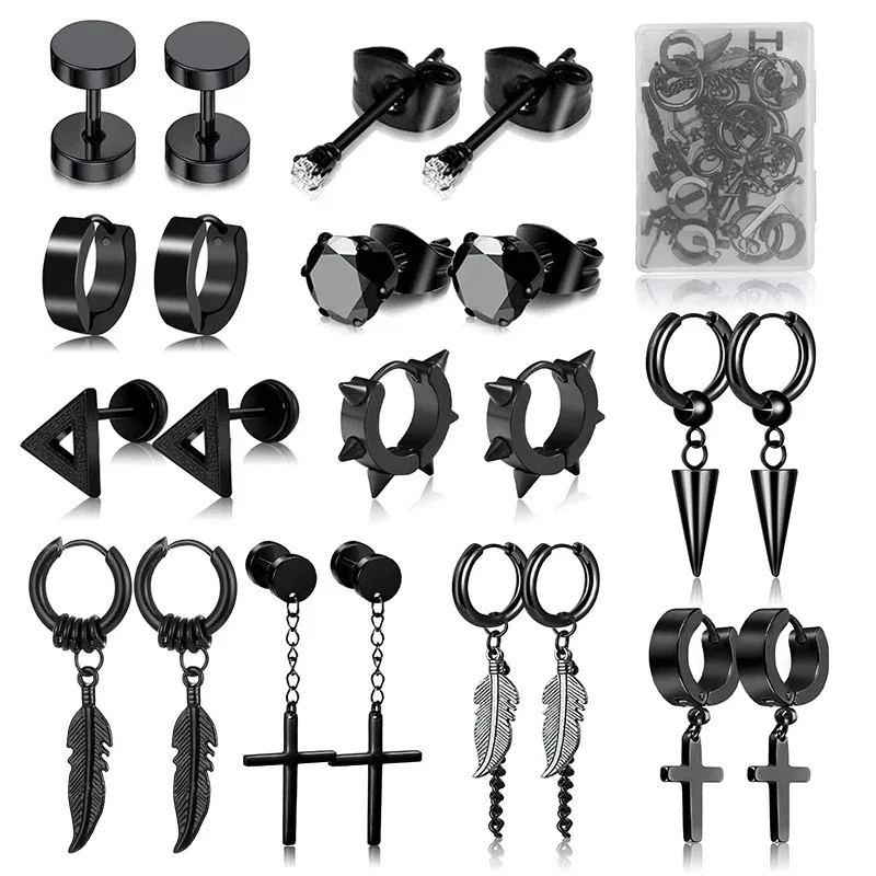 Pairs Punk Stainless Steel Stud Earrings Black Earrings Set for Men Women Vintage Hip Hop Piercing Ear Jewelry Accessories