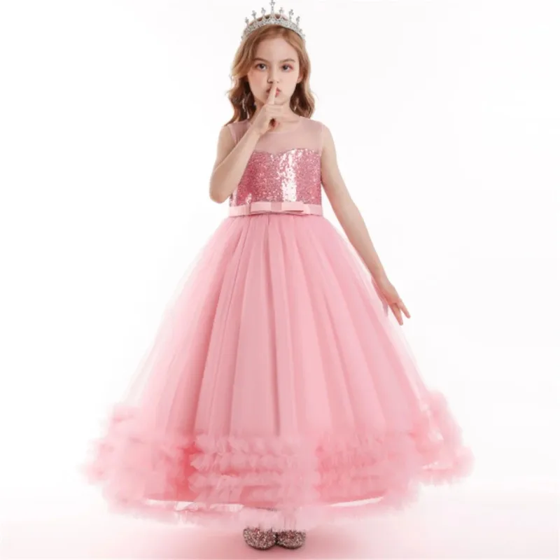 2025年ピンク4-12歳向けローブプリンセスドレスフラワーガールウェディングドレスおしゃれなパーティードレスレースメッシュエレガントガールズ服