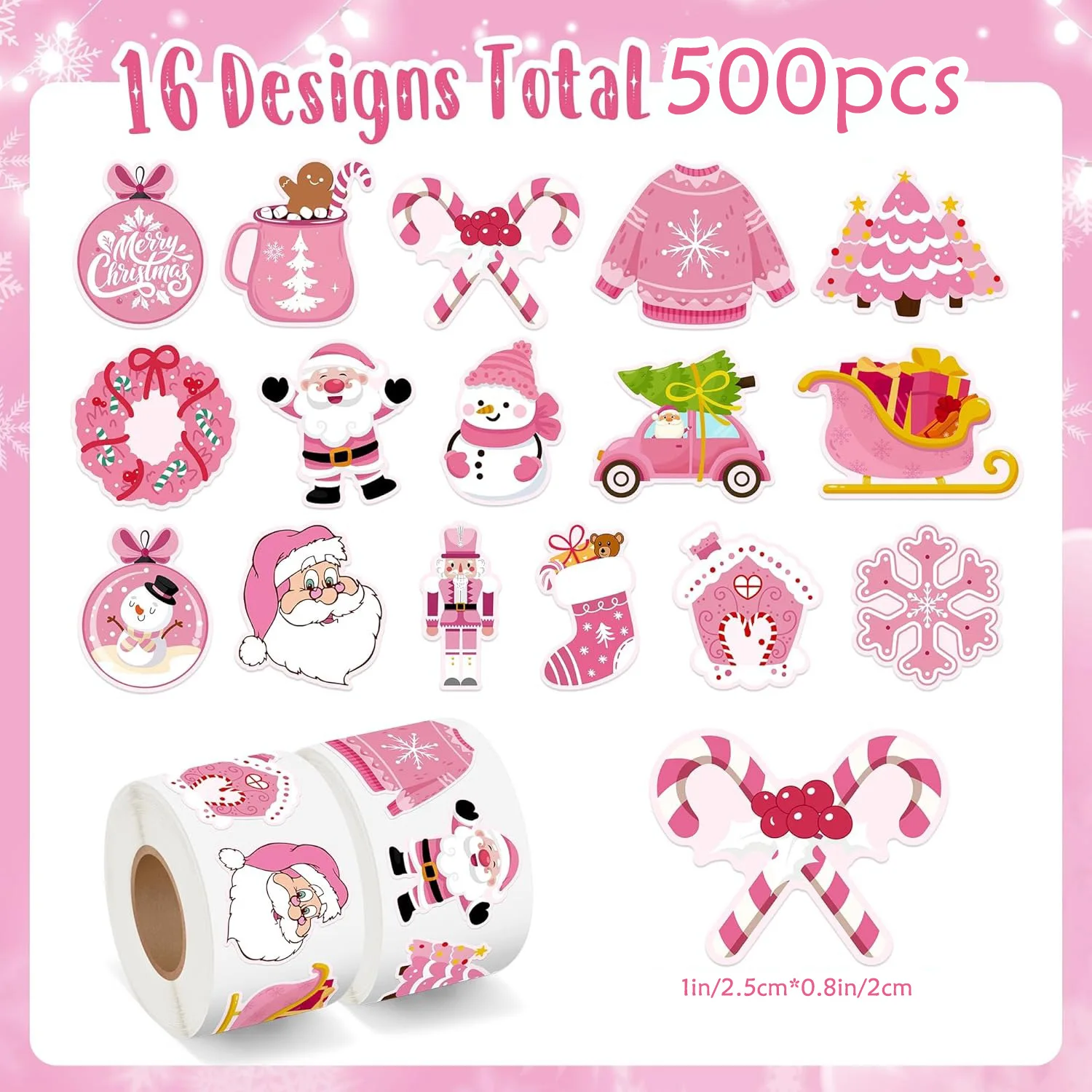 500Pcs Pink Christmas Stickers Rolls Xmas Tree Santa Claus Nutcracker Snowman Self-Adhesive Decals Scrapbook Decor, 16 Designs