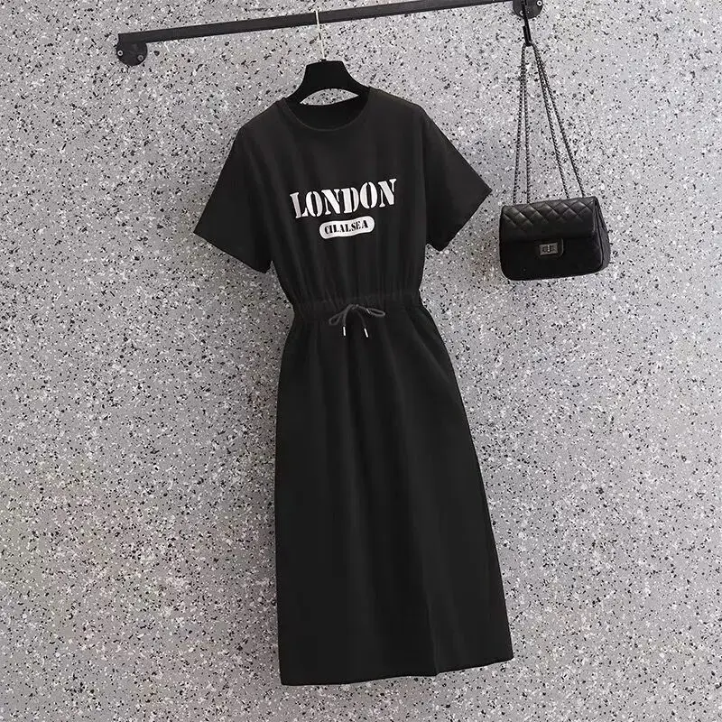 Summer Letter Printing Pleated Lacing Midi Dress Round Neck Short Sleeve Loose Casual Dresses Fashion Simplicity Women Clothes