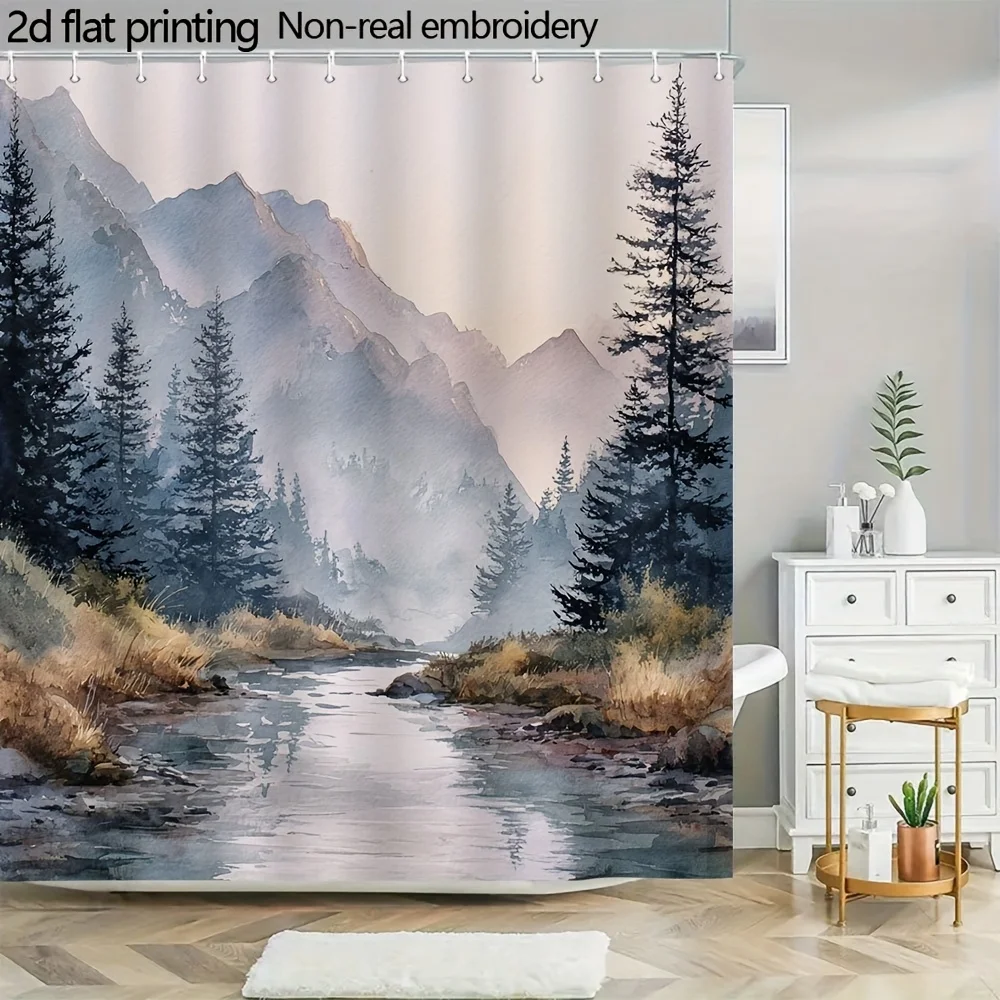 Watercolor Mountain Shower Curtain – Pine Forest, Stream & Misty Peaks, 2D Flat Print, Polyester, 70.8