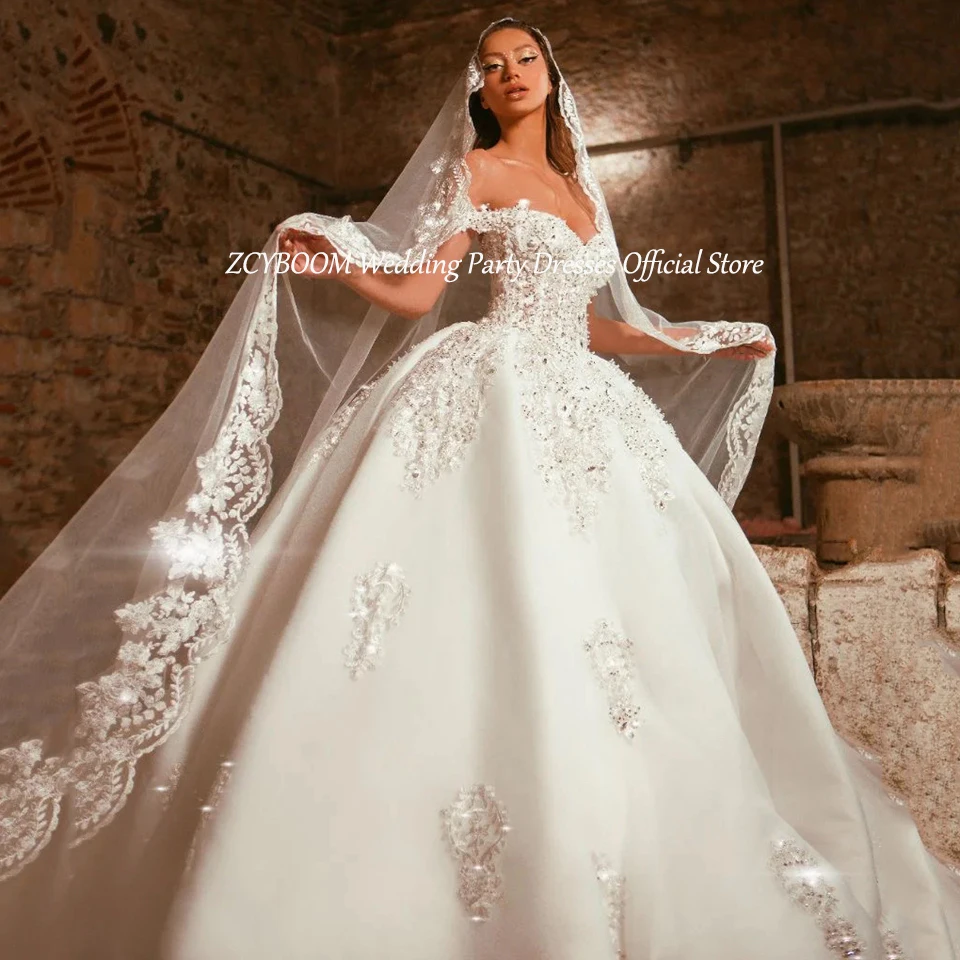 Customized Appliques Sweetheart Off The Shoulder Wedding Dress 2024 Ball Gown Floor Length Sweep Train Lace Up Bridal Gown