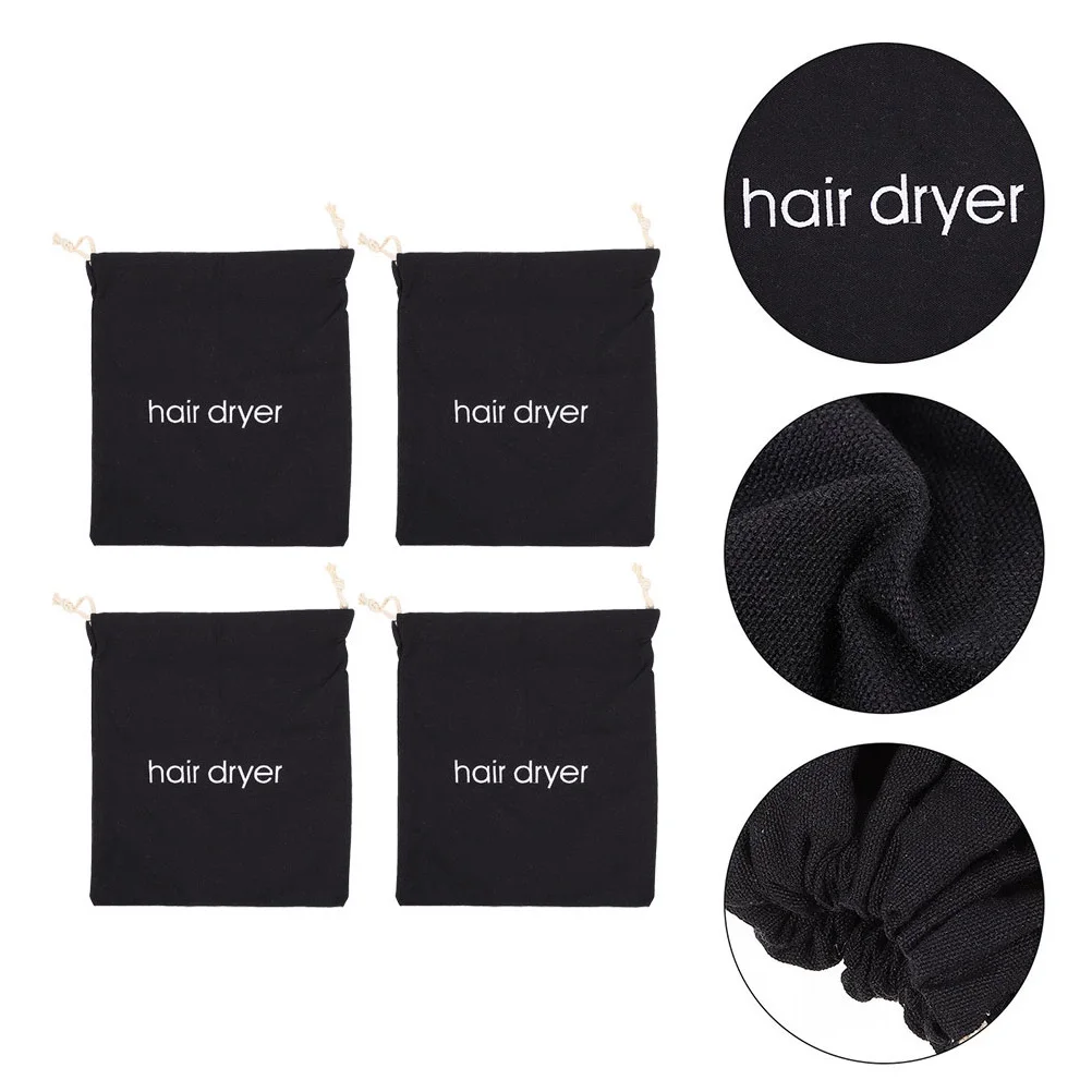 

4pcs Embroidered Canvas Bag Hair Dryer Storage Drawstring Dustproof Cotton Bags 330x300 Black Reusable Travel Supplies
