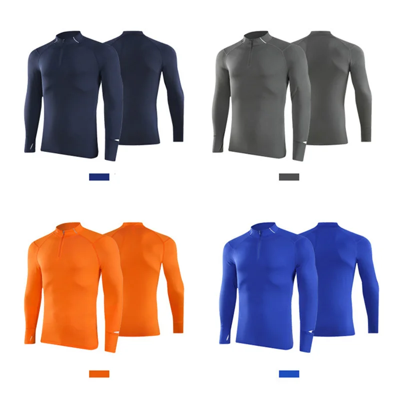 Men's Finger Hole Design Fall Winter Compression Shirt Half Zip High Neck Quick Dry High Stretch Running Gym Training Sport Top view 5