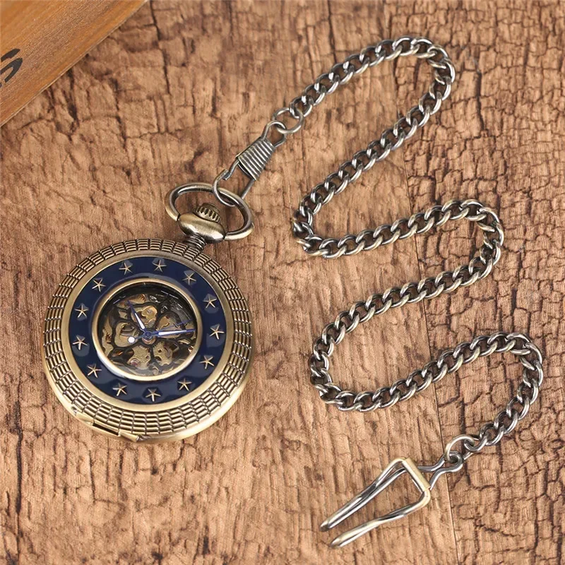 Vintage Unisex Mechanical Hand Winding Pocket Watch Carved Star Skeleton Clock for Men Women Pendant Chain Gift