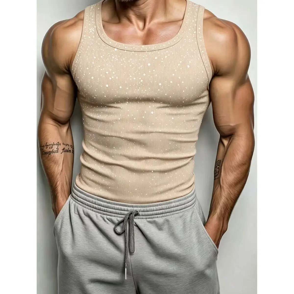 Herren-Ripp-Tanktops mit O-Ausschnitt aus Eisseide, elastisch, schmal geschnitten, glänzend, mit Pailletten, ärmellose Muskelshirts, Fitness-Laufshirts, bequem, atmungsaktiv – Detail 4