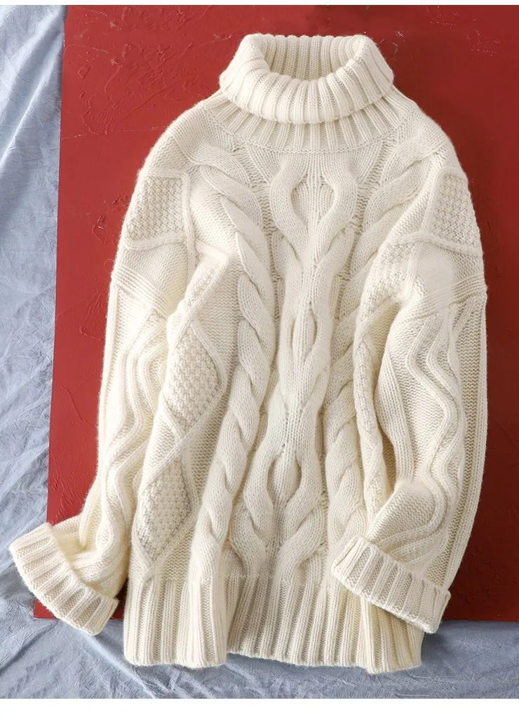 All-Cashmere Sweater Classic Cable-Knit Turtleneck Simple All-Match Women\'s Loose Below The Hip Sweater Winbter Tops Pullovers