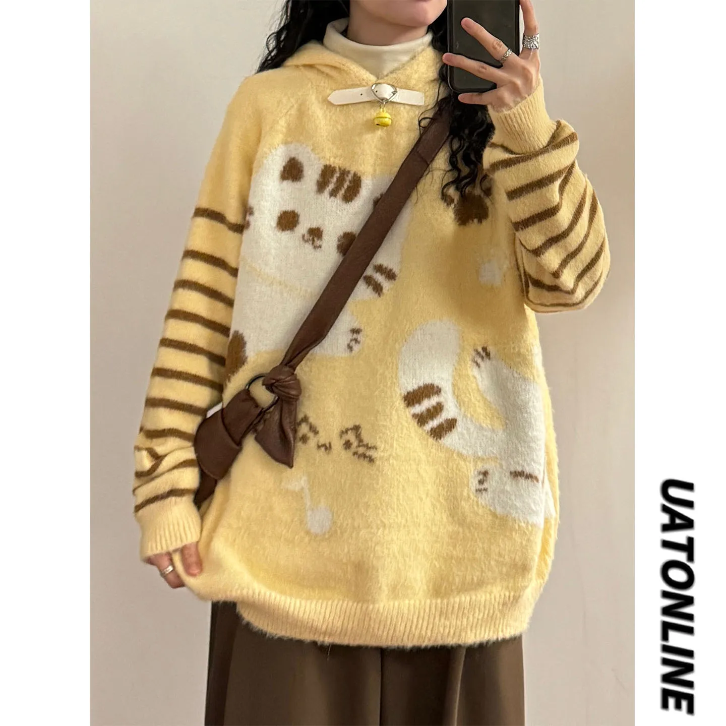 

UATONLINE Autumn Winter American Retro Knitted Pattern Hoodie Women's Cute Furry Warm Street Sle Long Sve Sweater