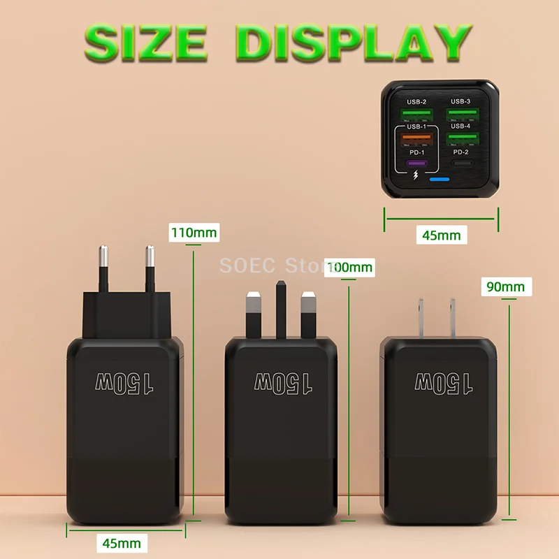 150 واط 6 منافذ 4USB + 2TYPE-C شاحن آيفون أندرويد لشاومي هواوي PD شحن سريع للغاية محول الطاقة رحلة عمل