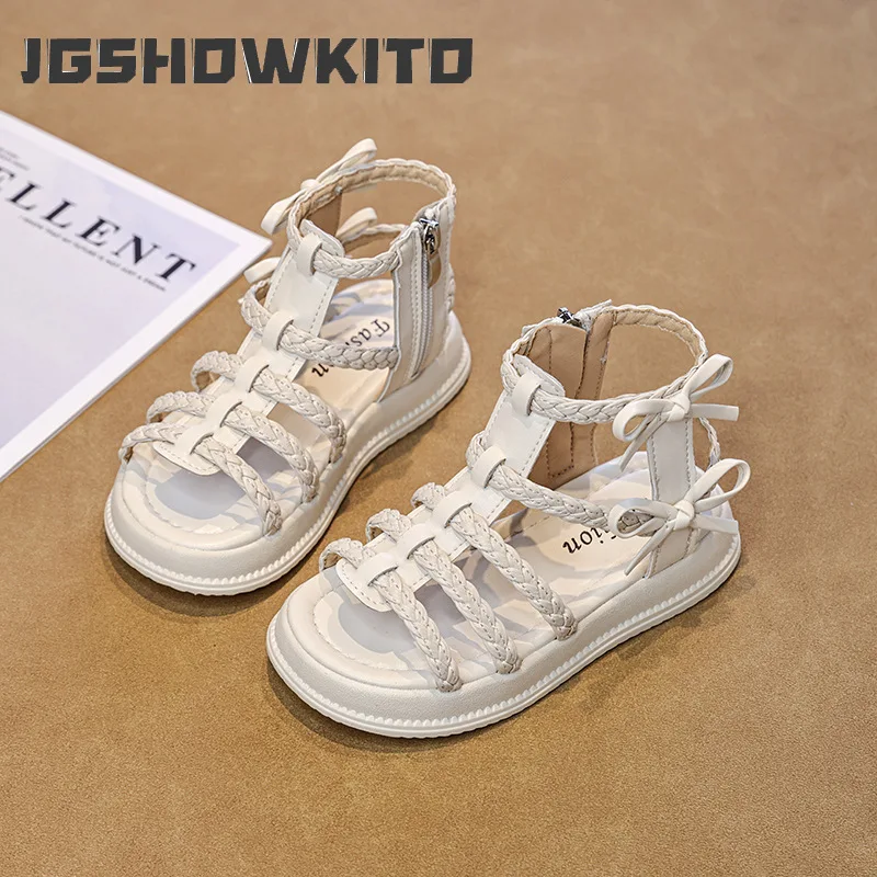 JGSHOWKITO Summer Girls Woven Gladiator Sandals Causal High Top Children Bow Roman Sandals for Princess Kids School Dress Shoes