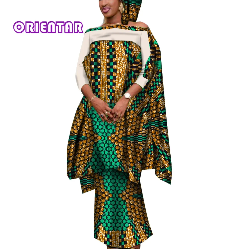 3 Pieces Set African Outfits for Women Casual Blouse and Skirts with Headscarf Lady African Clothes for Women Bazin Riche WY7946