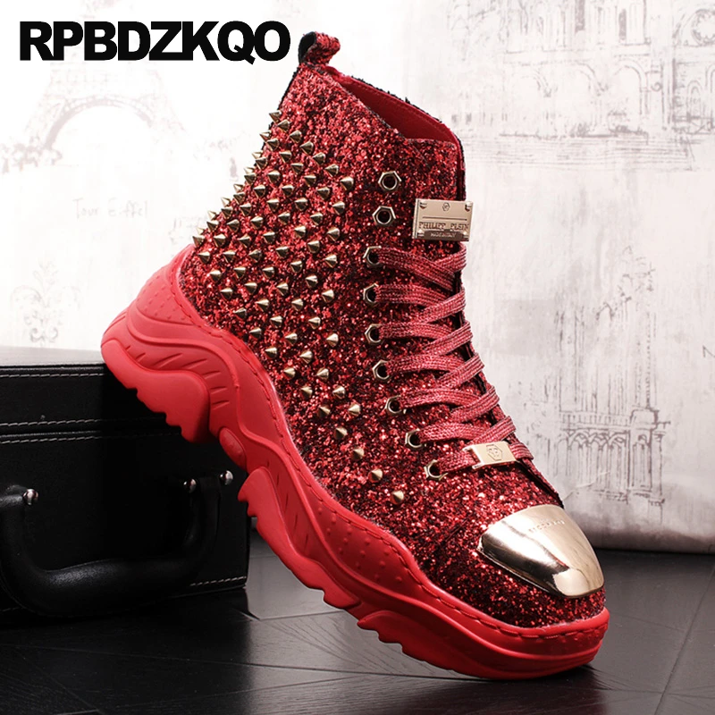 Elevator Booties Paillette Men Trainers Chunky Sneakers Stud Spike Boots Thick Sequin Shoes Lace Up Athletic Sport Glitter Rivet