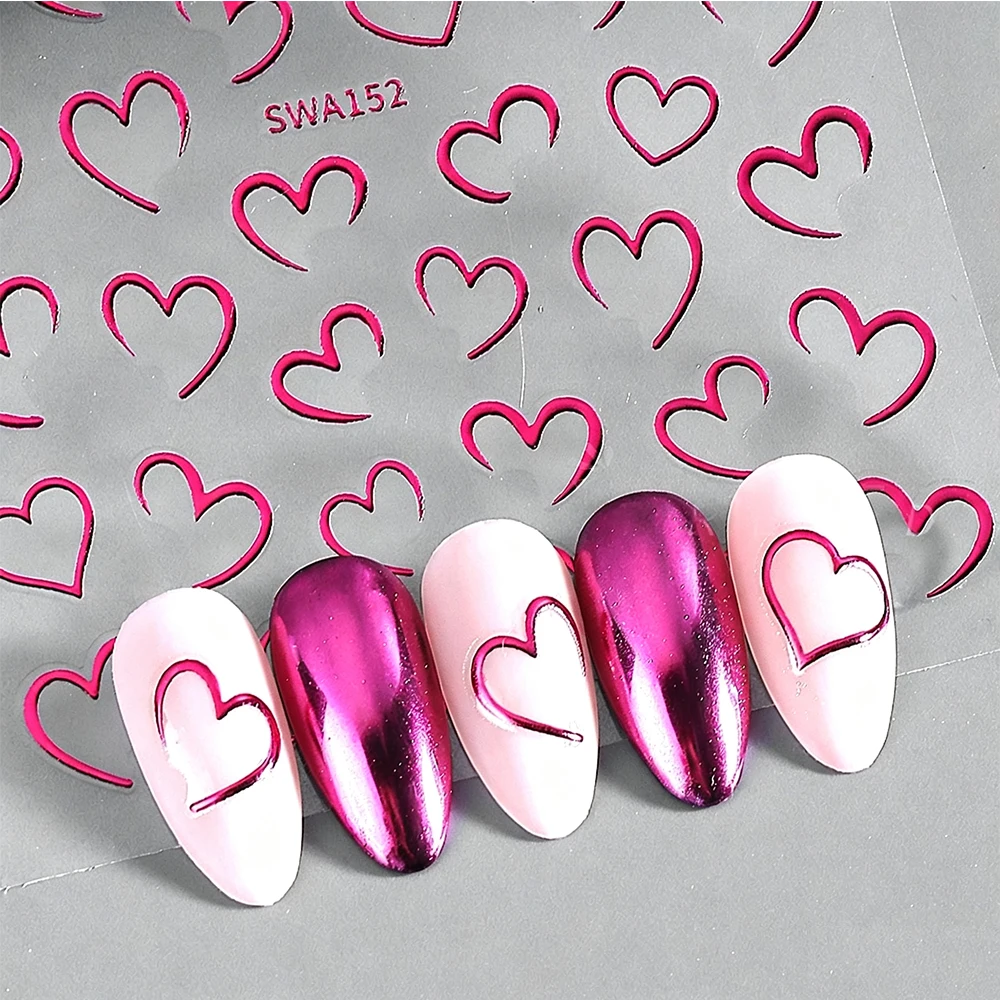 Valentine's Day 3D Nail Art Stickers Gold/Silver/Red Heart Line Nail Decals Love Adhesive Slider Manicure Decorations
