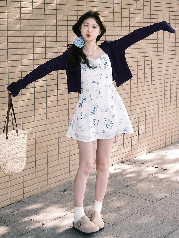 White Floral ter Dr Set Women Summer Ele Beach Vaion Sle ort Skirt Ensemble Sweet Japanese Sle High Waist ...