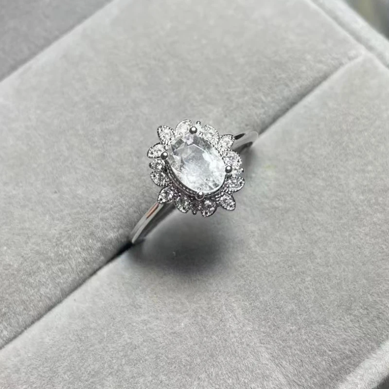 1ring 925 sterling silver natural white quartz adjustable ring for women ring for gift stone size approx5*7mm