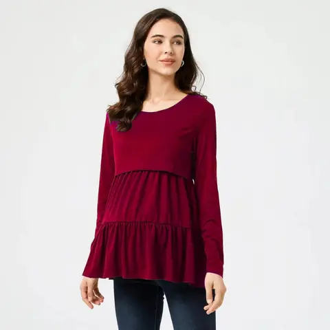 Pregnant Women's European and American Fashionable Solid Color Round Neck Long Sleeved Top Soft and Comfortable Nursing Top