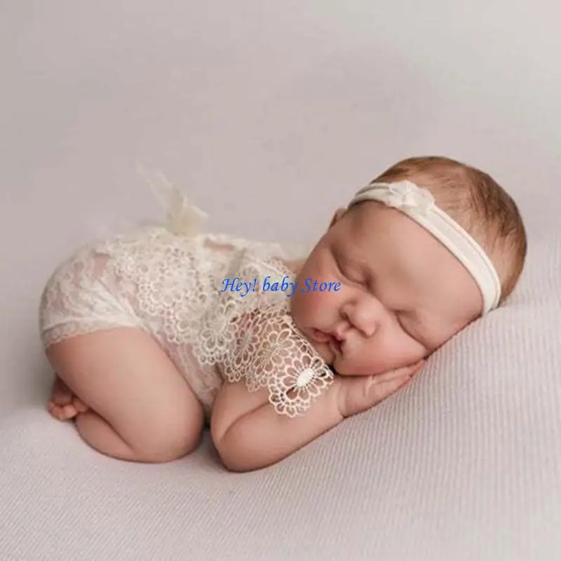 Q1FE 2 Pcs/Set 0-1Month Newborn Photography Props Baby Crown Headband Lace Hollow out Romper Bodysuits Outfit Costume