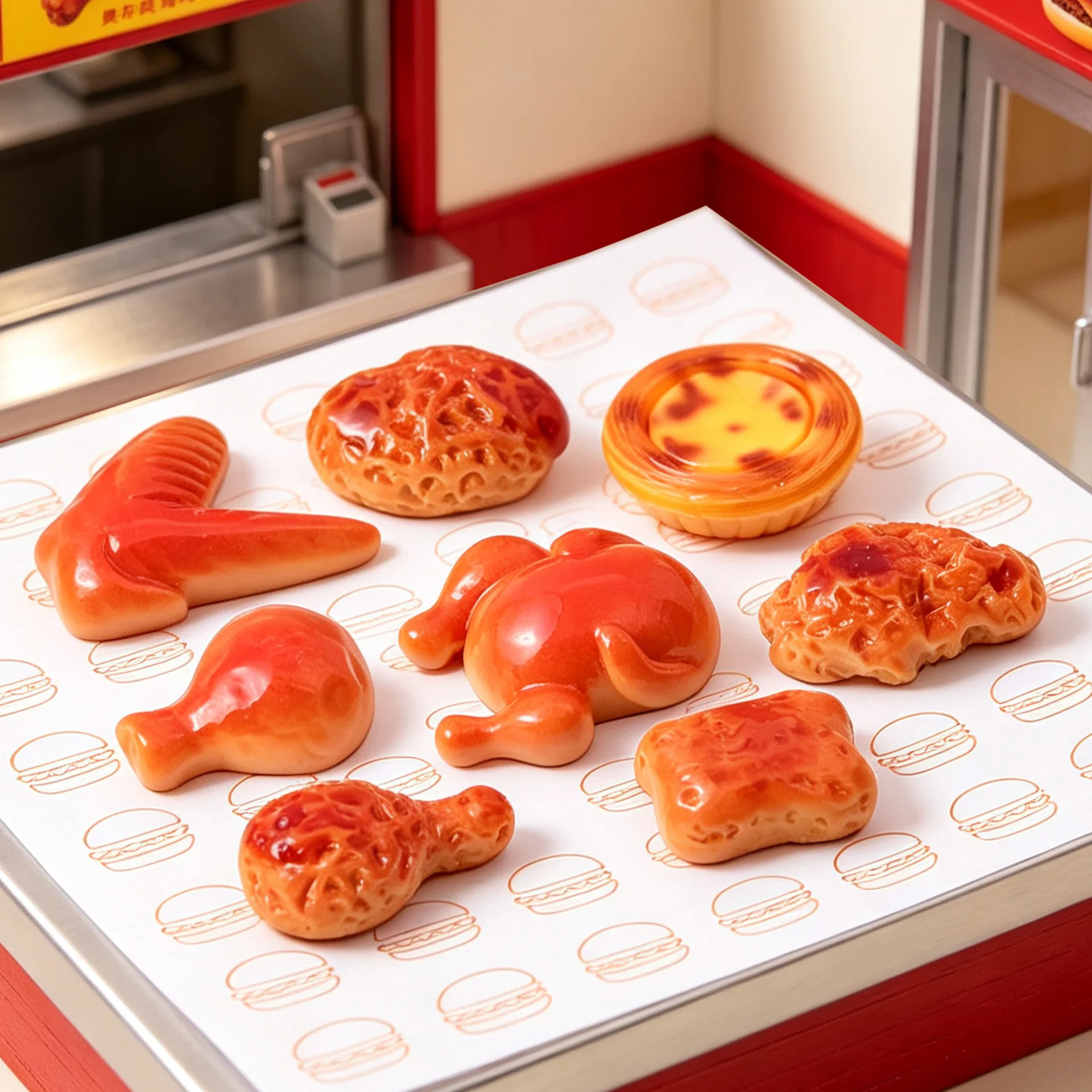 8pcs Mini Fried Chicken Egg Tart Whole Chicken Wings Meal Set Miniature Food Resin Accessories Dollhouse Decoration Craft Model
