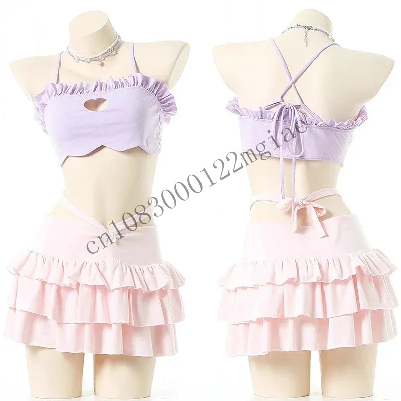 2024 Summer Sweet Girl Anime Cute Love Hollow Swimsuit Unifrom Cake Skirt Women Macaron Swimwear Outfits Costumes Cosplay CMM221