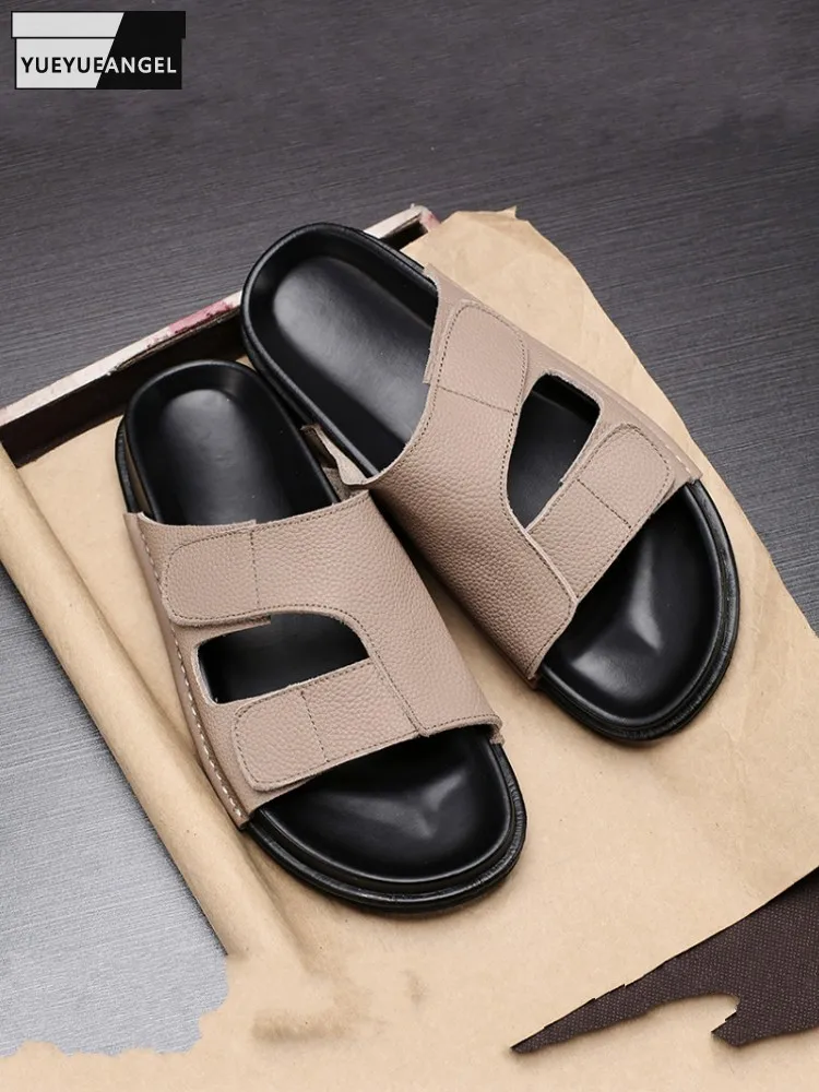 

Casual Outside Mens Summer Slides Shoes Open Toe Real Cow Suede Leather Slippers Breathable Male Slip On Beach Slippers Shoes