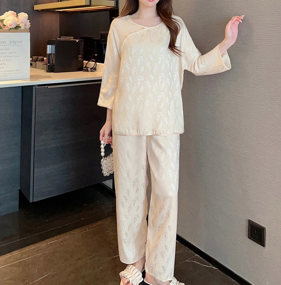 

Women Pajamas Set Long Sleeve Round Neck Top Trousers Chinese Style Loungewear 2 Pieces Sleepwear Suit