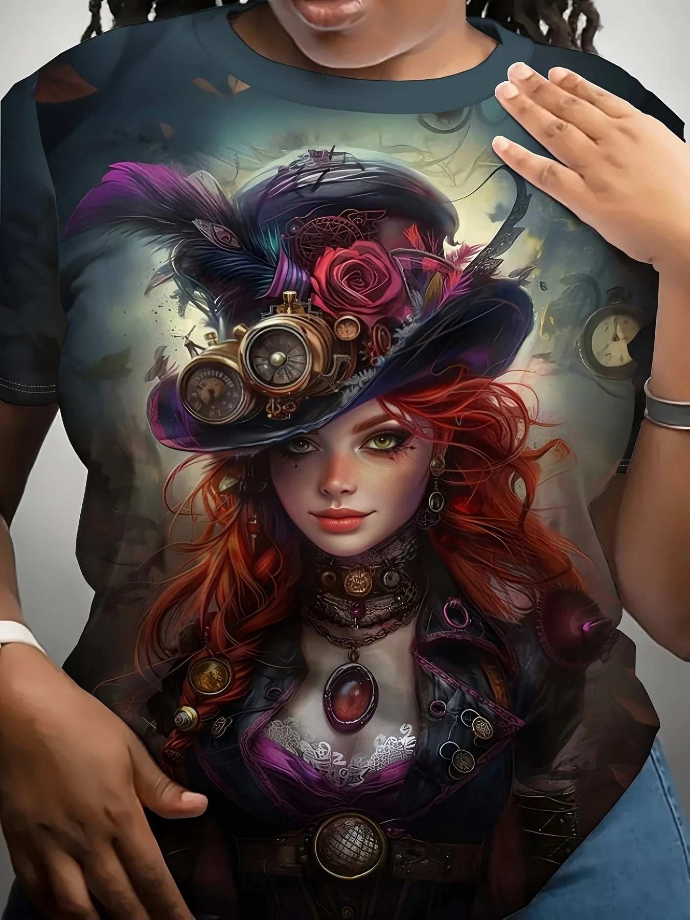Women Crew Neck Short Sleeve T‑Shirt, Steampunk Red Hair Lady Top Hat Gears Rose Vintage Art Graphic Tee