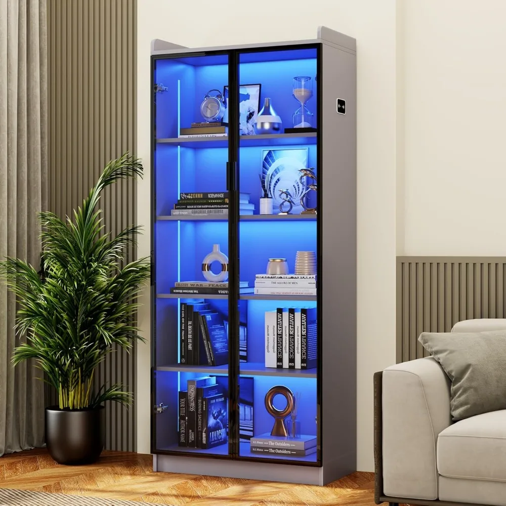 

65" Tall Display Cabinet with Doors, Bookcase with Lights/Human Sensor, 5 Tier Display Case with Adjustable Shelves for Collecti