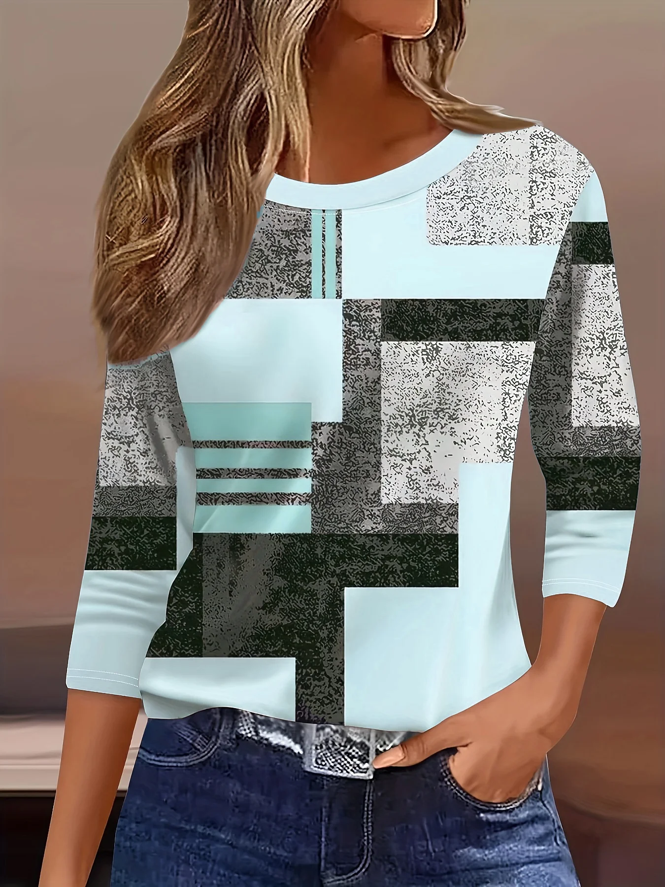 

Women's 3D Printed Plaid Print T-shirt Fashion Long Sleeve Round Neck Regular Tops Holiday Weekend Spring and Autumn