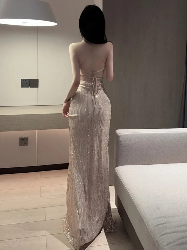 Champagne Sequin Evening Dresses Women Backless Bandage Sexy Slit Club Party Small Gown Exquisite Luxury Slim Cocktail Dress