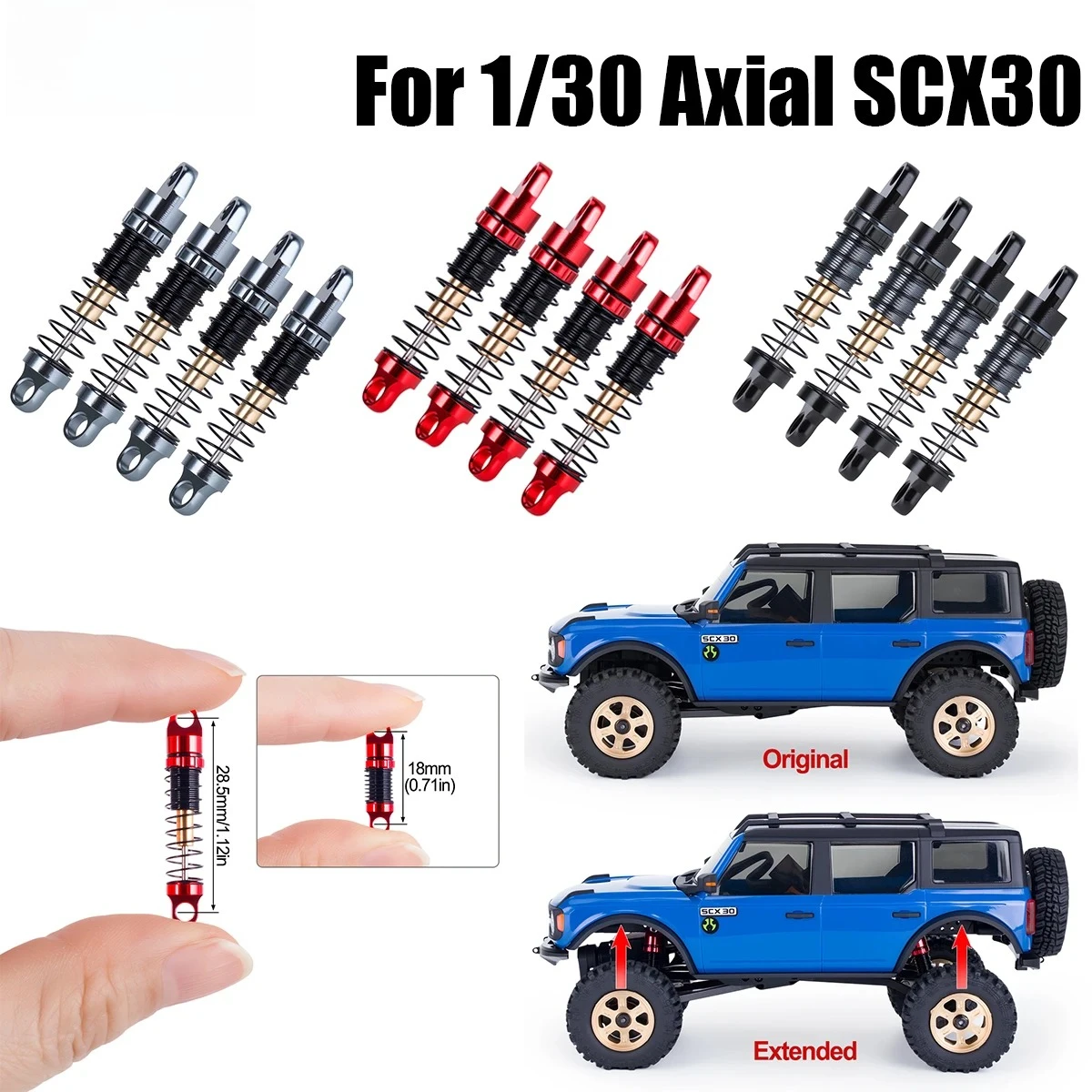 Axial SCX30 Aluminum Shock Absorber Set with 3 Spring Rates 28.5mm , Full Car Kit for Performance Upgrade