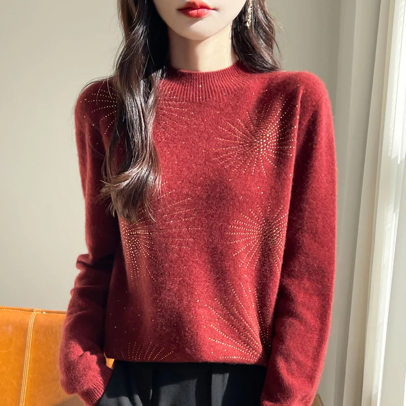 Pull en laine pour femme, col mi-haut, manches longues, 100% Pure laine, coupe ample, incrusté de diamants, haut de tempérament, nouvelle collection automne hiver