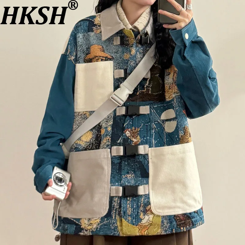 

HKSH Autumnn Новая женская нишевая куртка в стиле американской живописи маслом с тяжелыми пуговицами и карманами в стиле пэчворк, уличная одежда, пальто HK10031