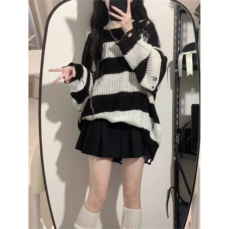 

PTKPCC Black Pink Sweater Women's Spring and Autumn Medium Long Loose Lazy Style Striped Knitted Sweater Top