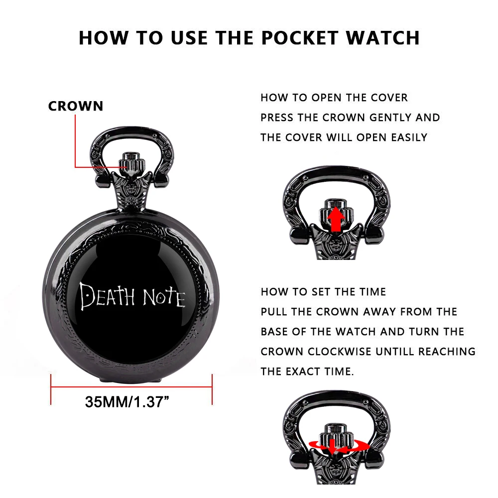 Reloj de bolsillo de cuarzo negro con diseño Death Note, conjunto de regalo con cadena duradera y cara de números arábigos, regalo atemporal para niño