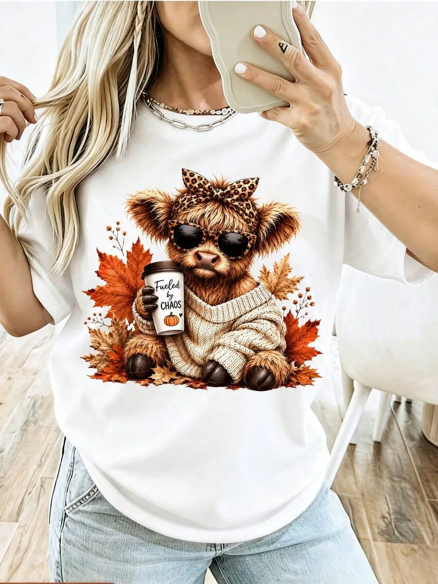 2026 New Fashion Women Crew Neck Printed T-Shirt Highland Cow Theme Print Soft Breathable Comfort Vintage Autumn Stylish Casual Tops Basic Top T-Shirt