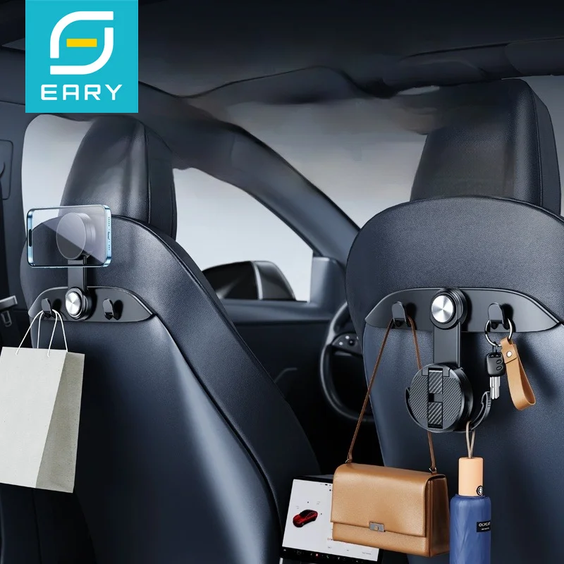 

Eary Tesla Model 3/Y Accessories 2026-2021 Car Seat Hook 720°Adjustable Phone Holder for Automotive Back Seat Back Bag Organizer