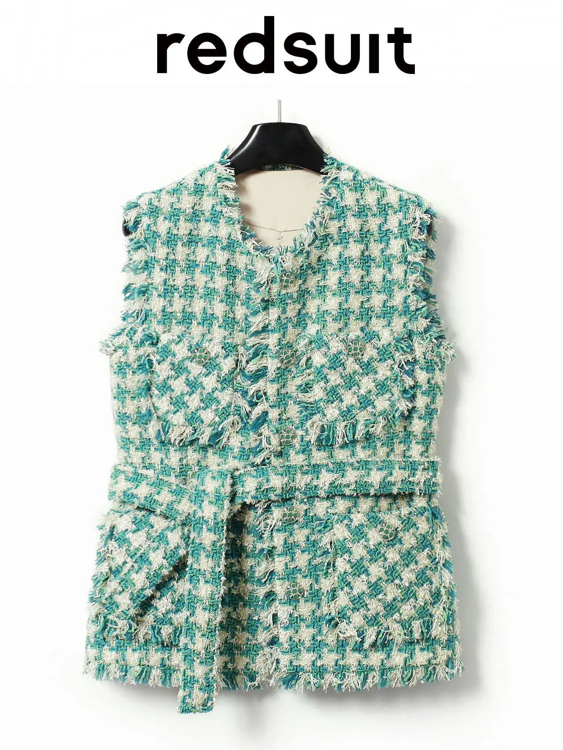 New Bold tweed tassel vest green houndstooth waist cinched thin fashion top Custom size