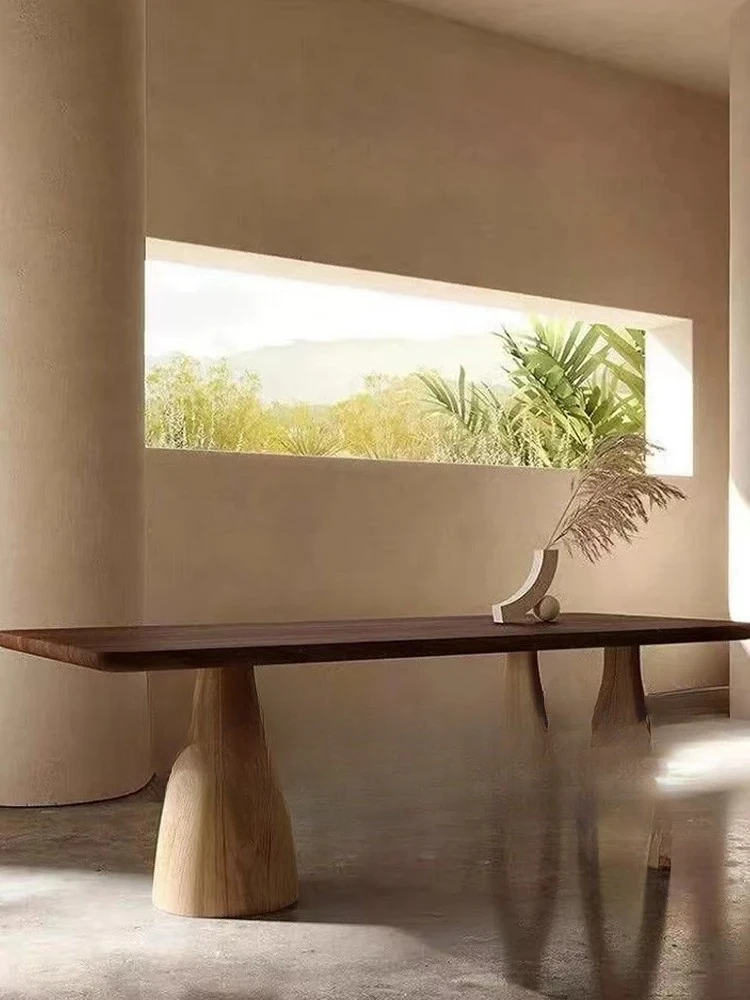 Walnut retro solid wood dining table French medieval rectangular conference table wabi sandy wind log negotiation table tea