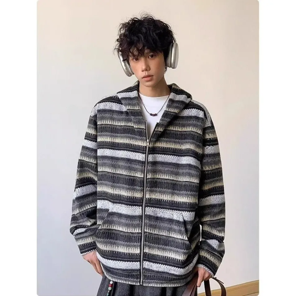 American Style Vintage New Fashion Men Color-coded Brown Black Grey Striped Long Sleeve Zipper Sweatshirt Cardigans Male Coats
