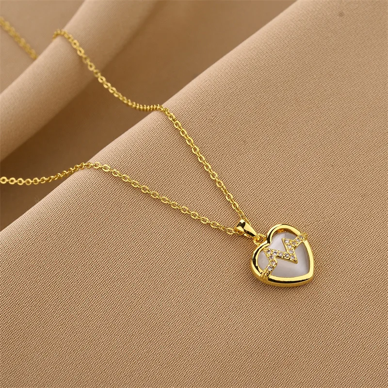 Simple Love Opal 18K Gold Plated Heart Pendant Necklace Stainless Steel Neck Chain Necklaces Aesthetic Women\'s Jewelry Wholesale