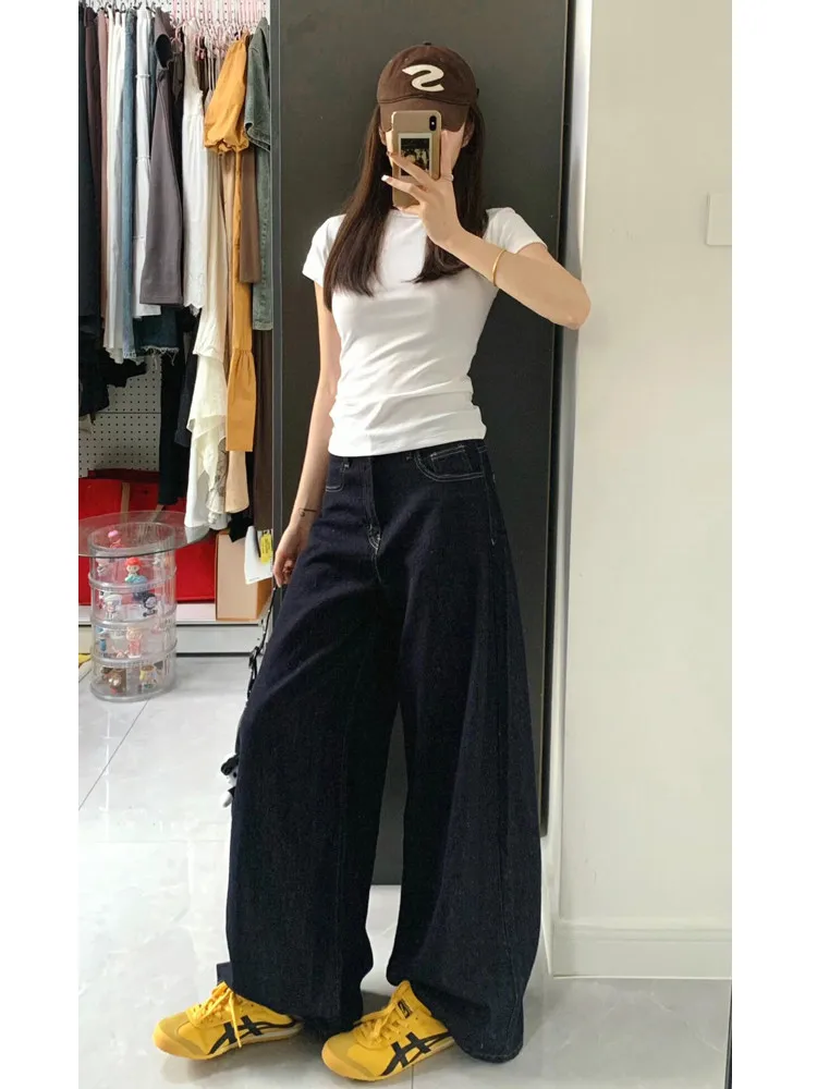 

Американские ретро-джинсы с широкими штанинами глубокого синего цвета для женщин, летние, свободные, удлиненные, в пол, для высоких.