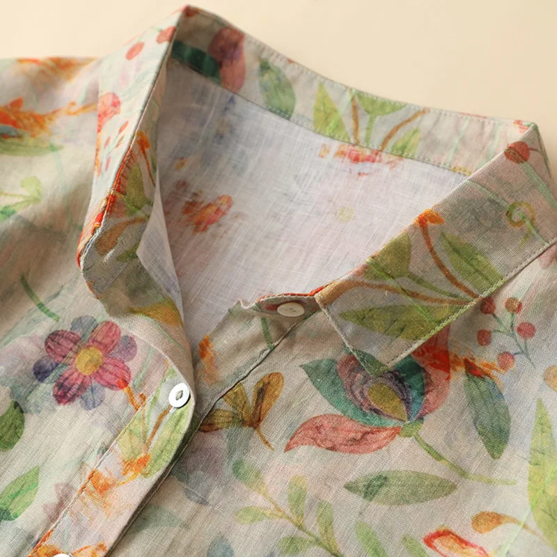 Floral Print Long Sve Women's irt Large Size Linen Cotton Blend Commute Sle  Collar Button up Regular Fit irt