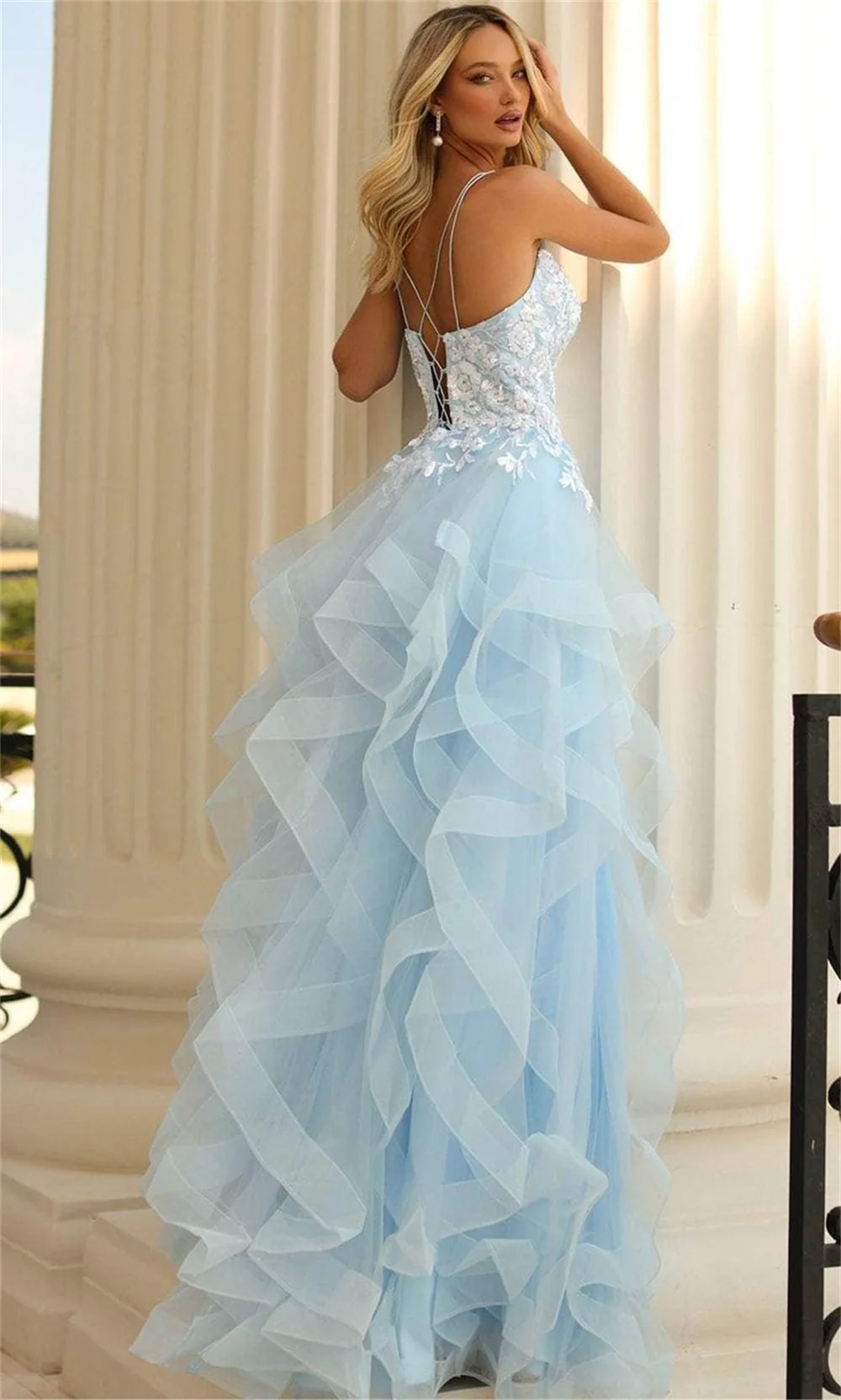 Amanda Light Blue vestidos de noche Edge Curl Tulle Spaghetti Strap Prom Dresses Elegant Sleeveless Floor-Length Formal Evening