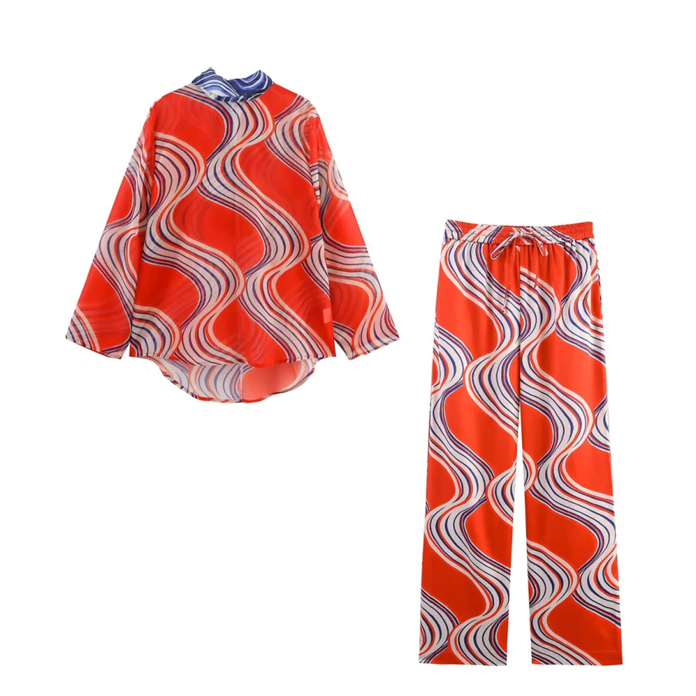 

BSK&TRAF2025simple and slightly transparent pajama style long-sleeved printed shirt + loose wide-leg pants suit for summer women