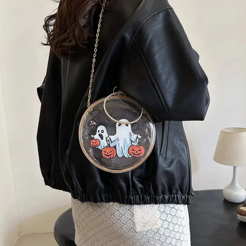 

Storage Bag Pumpkin Halloween Round Handbag Printed Cartoon PVC Transparent Pouch Broom Anti-lost Display Wrist Bag Kids