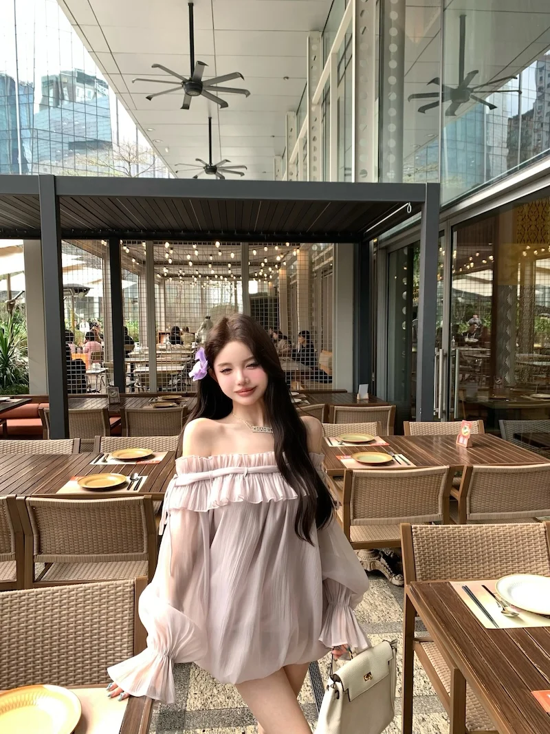 Zomer zachte losse chiffon lange Sve een schouder a-lijn rok dames Dr romantische ruche zoom woon-werkverkeer Sle Koreaanse versie