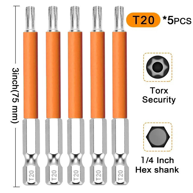 5Pcs Tamper‑Proof Security Torx Screwdriver Bits, 75mm Long S2 Steel 1/4 Inch Magnetic Hex Shank Driver Bits T20 T25