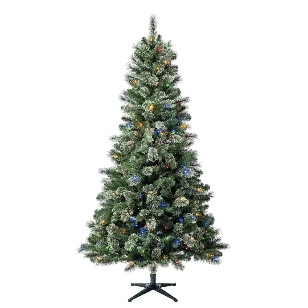 7.5 ft Pre-Lit Pine Christmas Tree Color-Changing LED Lights Quick Set Assembly Snowy Finish