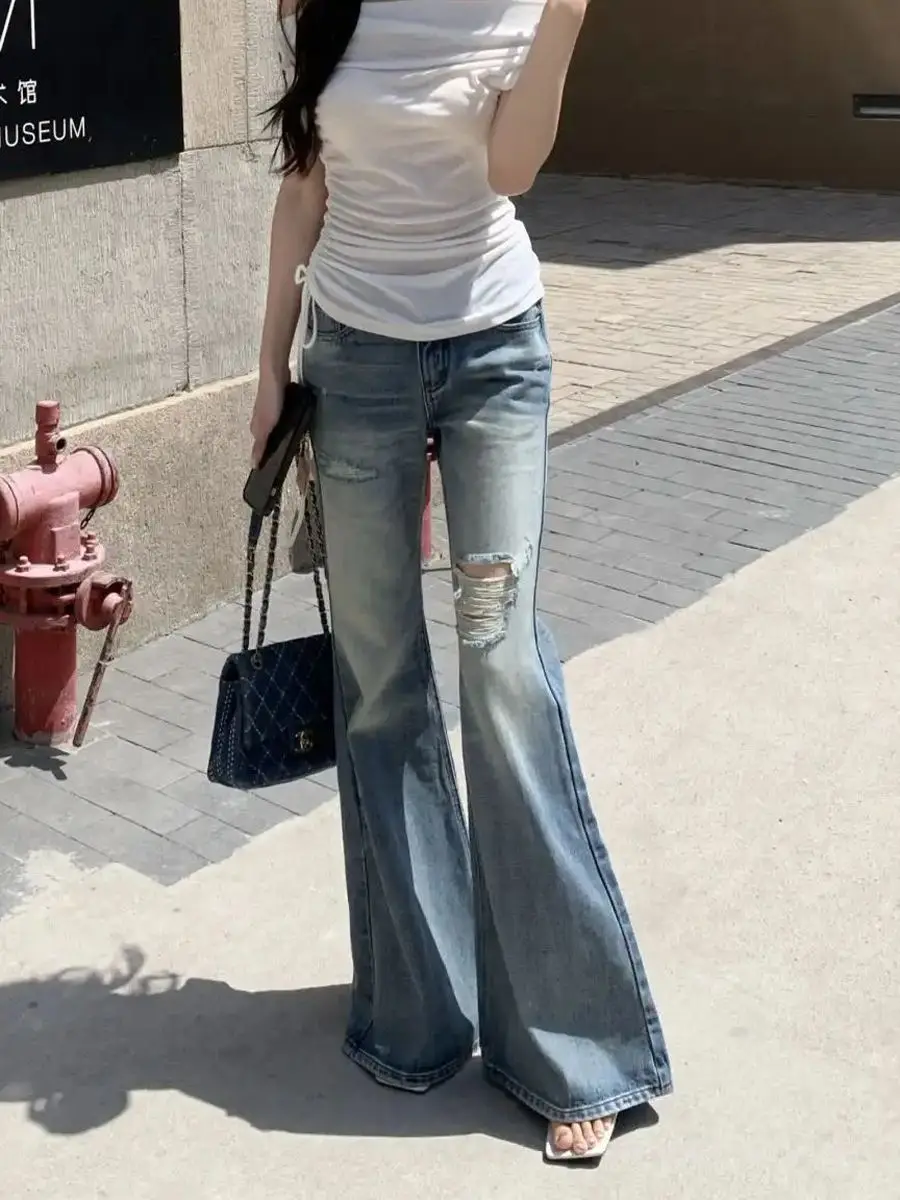 

High Waist Jeans 90S Vintage Clothes Studded Rivet Chain Bead Tassels Sequin Pearl Female Denim Fashion Gothic Punk Emo Goth