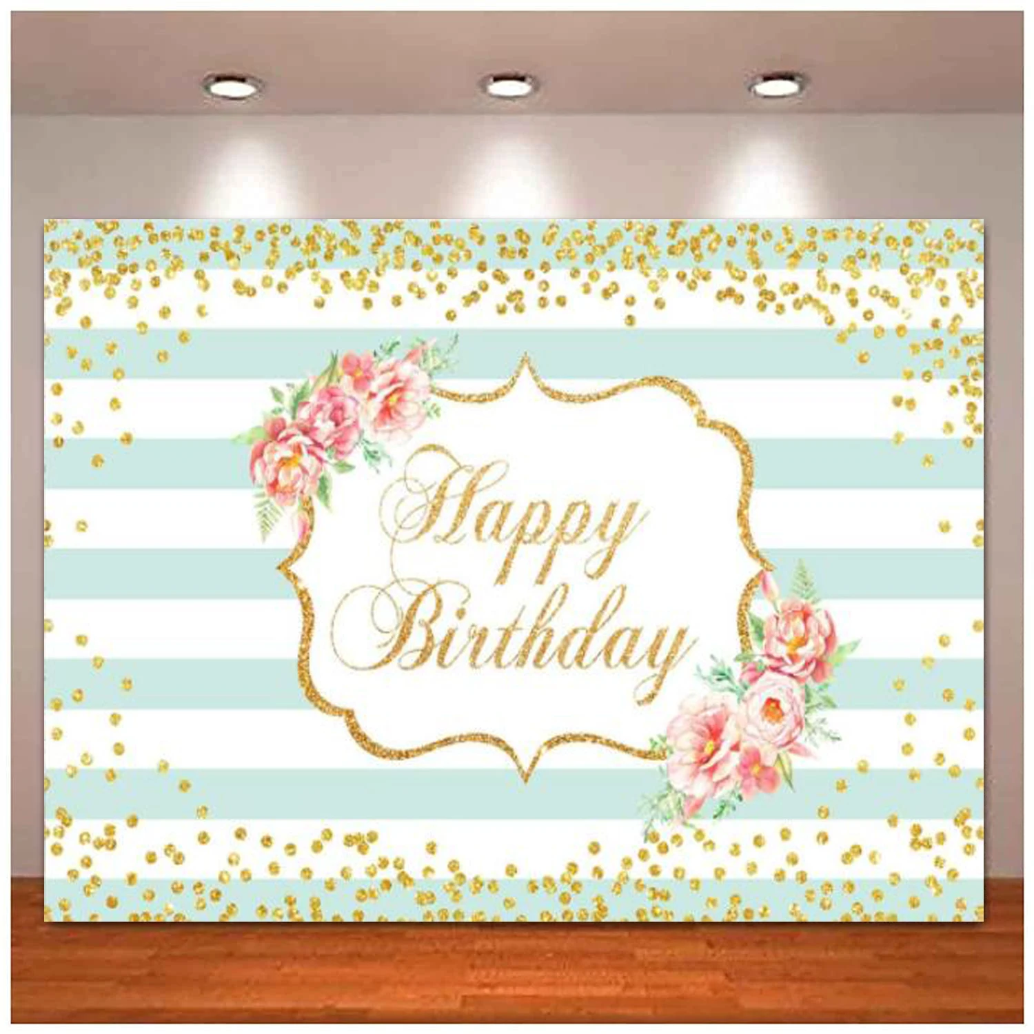 

Pink Rose Photography Backdrop Mint White Stripes Gold Dots Photo Background Women 20th 30th 40th Sweet 16th Happy Birthday